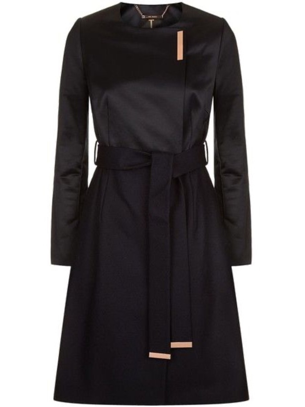 T Tahari Navy Long Sleeve Belted Sheath Dress with Round Neck